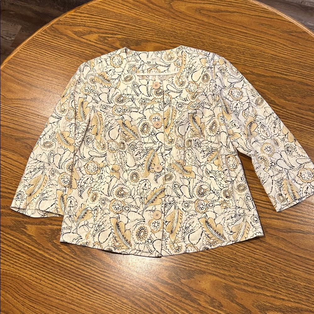 J. Jill Linen Blend Floral Print Button Down Blazer Jacket Blouse